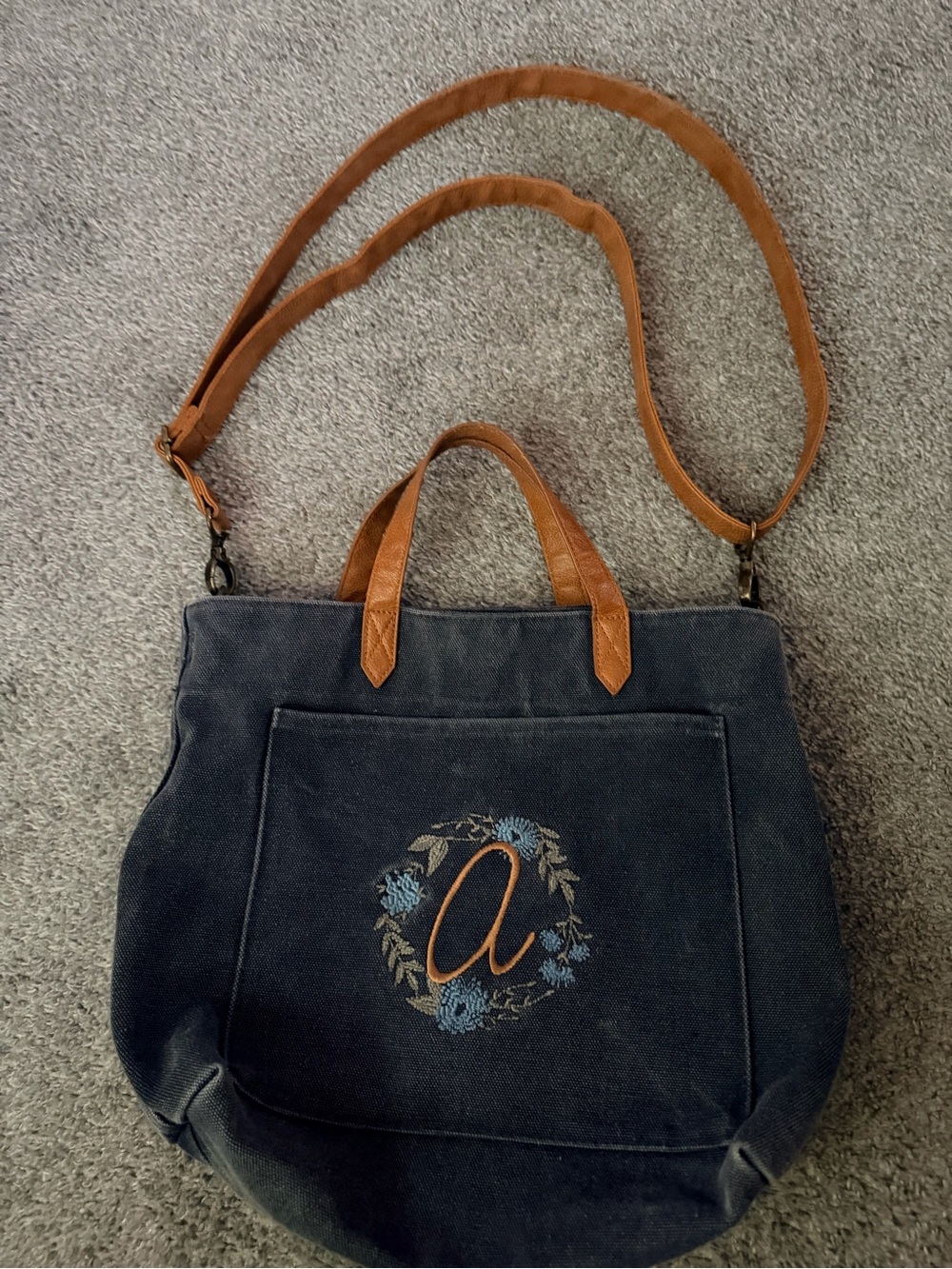 Monogrammed Navy Canvas Tote with Brown faux Leather Trim
